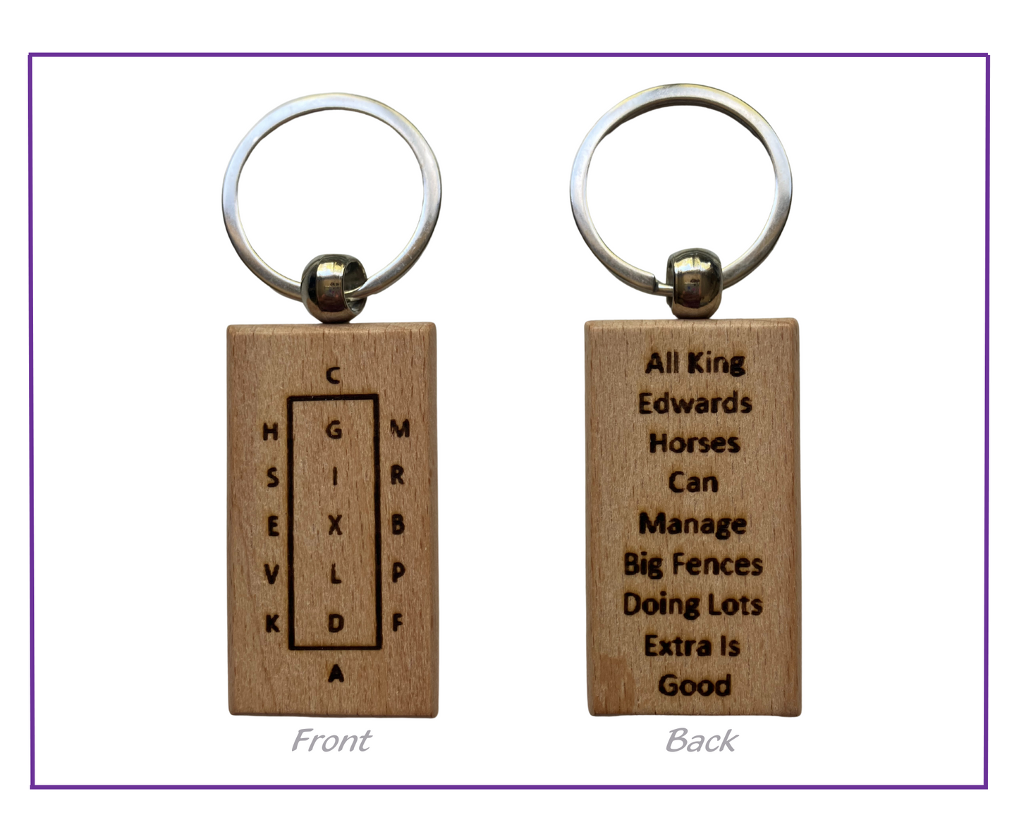 dressage rectangle keyring with full arena letters and saying on the back. All king edwards horses can manage big fences doing lots extra is good.