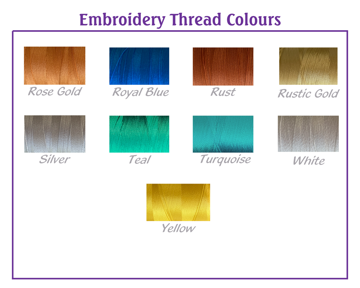 Embroidery colours rose gold, royal blue, rust, rustic gold, silver, teal, turquoise, white, yellow