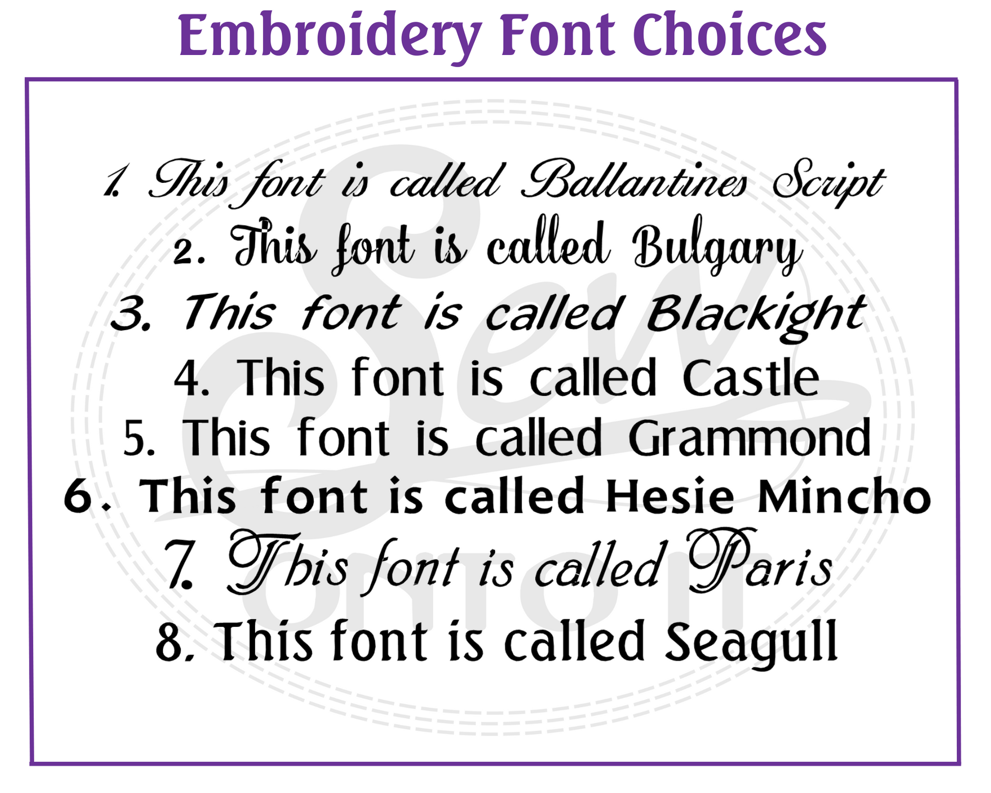 Fonts to choose from are after hours, bulgary, blacklight, castle, grammond, hesie mincho, paris and seagull