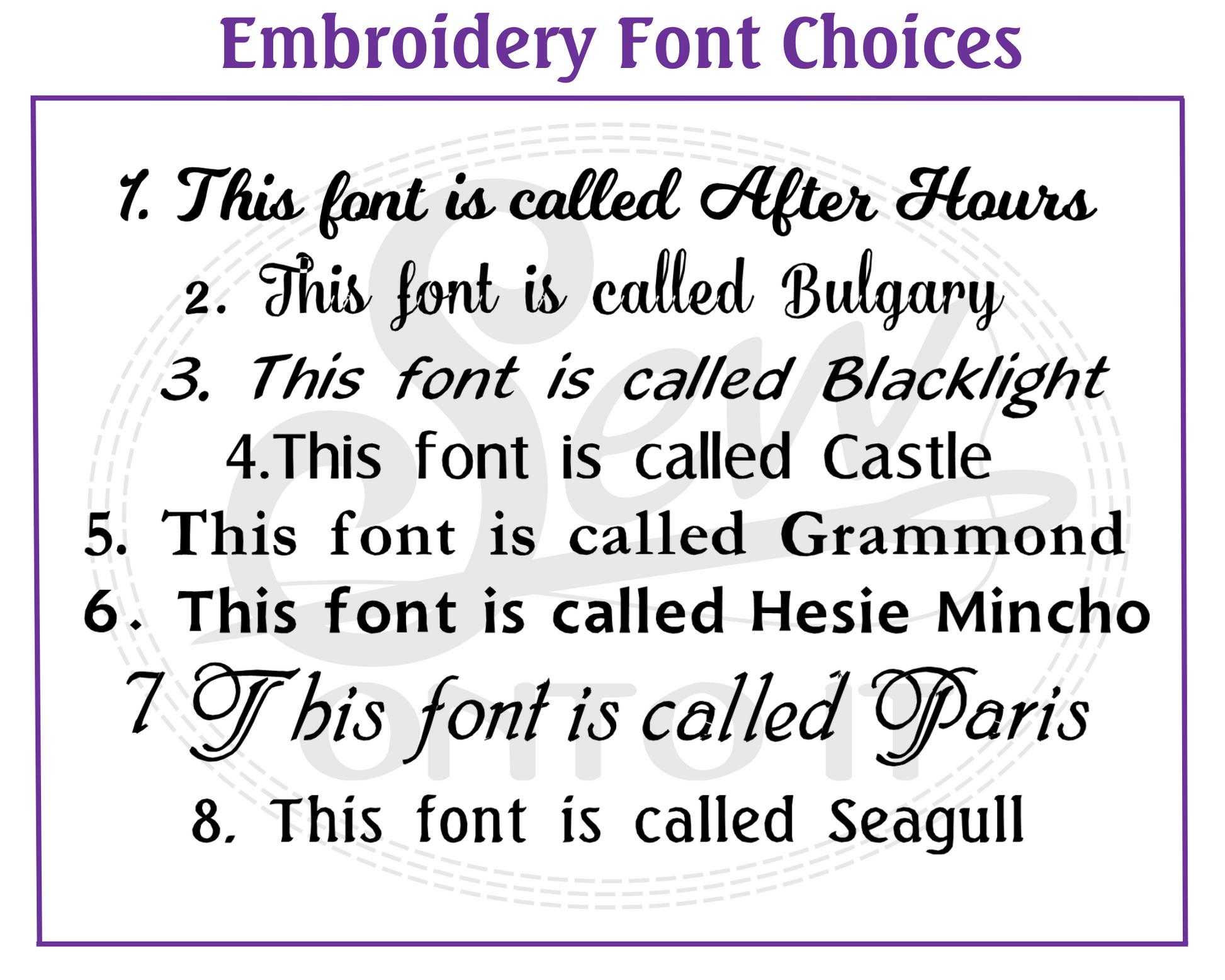 embroidery font choices, after hours, bulgary, castle, grammond, hesie mincho, paris, seagull