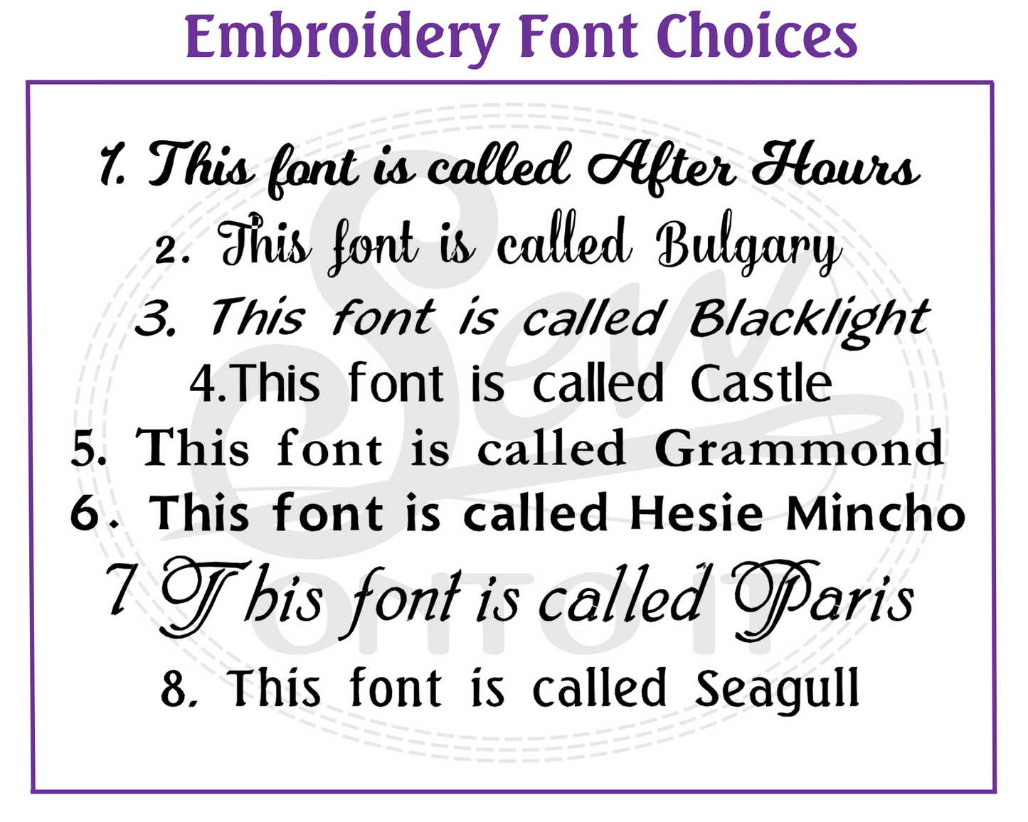 Fonts to choose from are after hours, bulgary, blacklight, castle, grammond, hesie mincho, paris and seagull