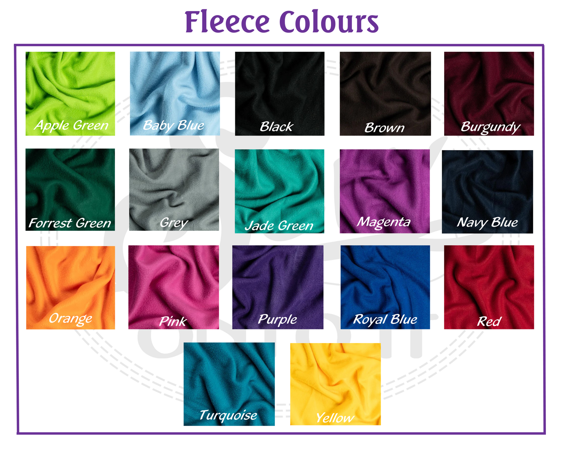 Fleece colours available are apple green, baby blue, black, brown, burgundy, forrest green, grey, jade green, magenta, navy blue, orange, pink, purple, royal blue, red, turquoise and yellow