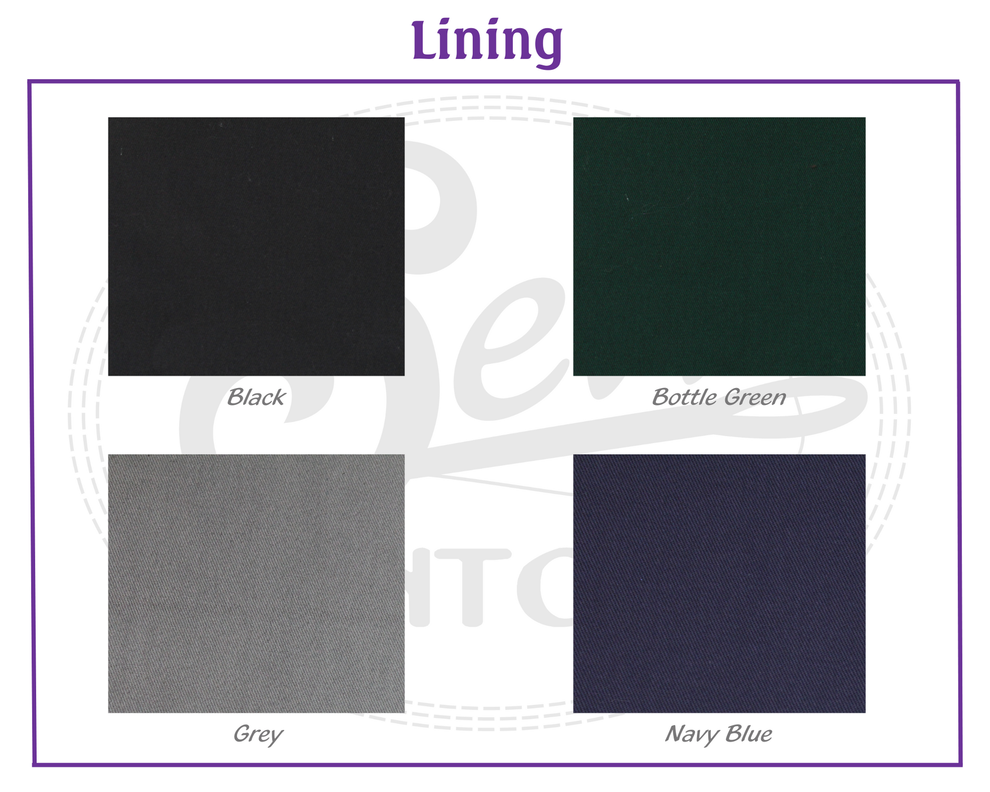 lining colours black, bottle green, grey, navy blue