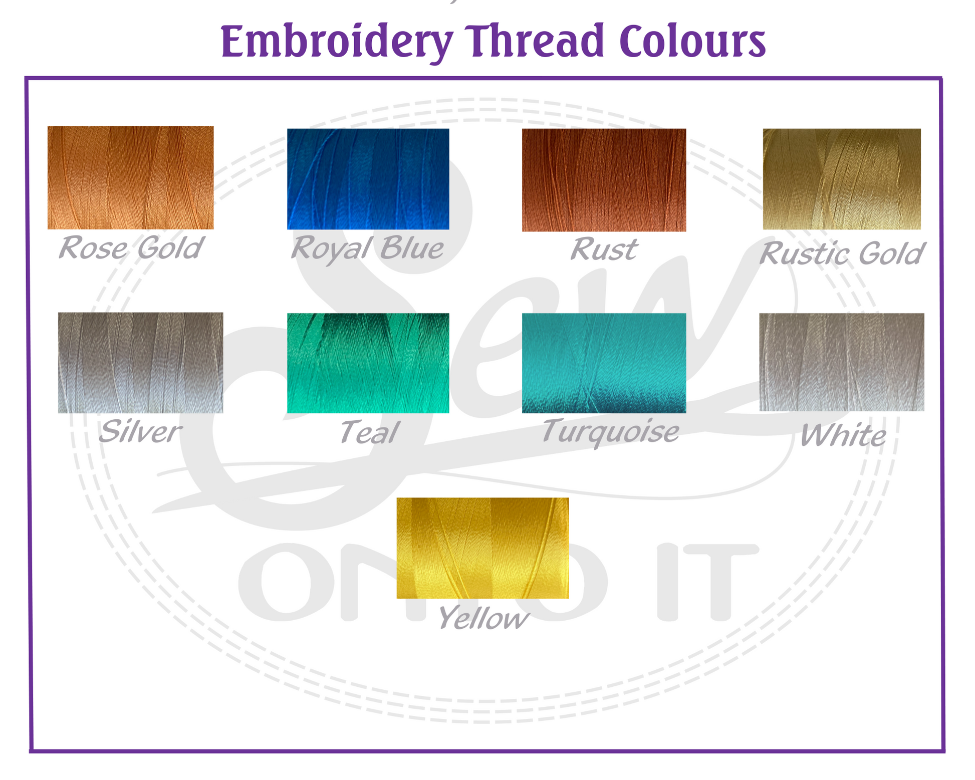 embroidery colours rose gold, royal blue, rust, rustic gold, silver, teal, turquoise, white yellow